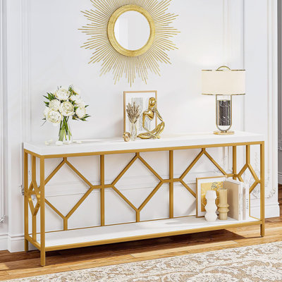 Console industrielle 70,9 pouces avec rangement ouvert à 2 niveaux, blanc et or, parfaite pour les vestibules et les salons