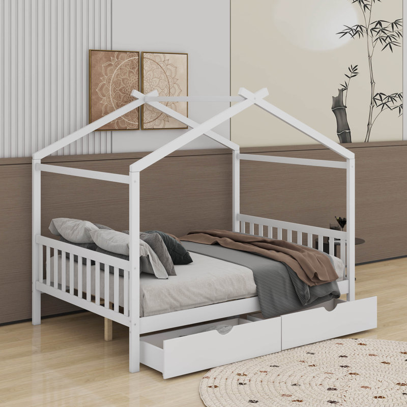 Lit plateforme double avec tiroirs, Blanc