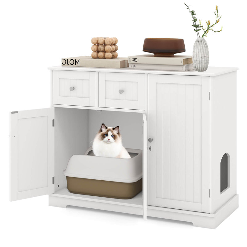 Enceinte de litière pour chat avec 2 tiroirs et 3 portes avec dispositif anti-basculement