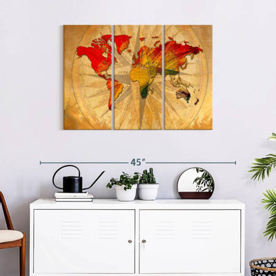 «World Map Old Compass World Map», reproduction sur toile 3 pièces par Tess P