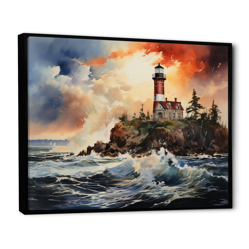Phares rétro avec lumière guidée III sur toile, H 34 po x l 44 po x P 1,5 po, Cadre flottant noir