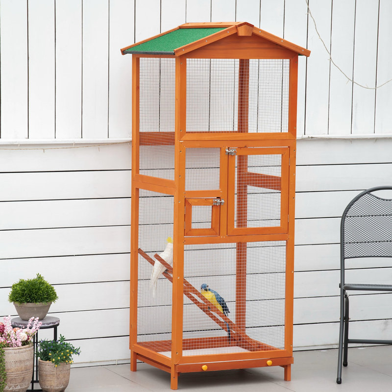 Volière d'extérieur en bois orange 65 po pour perroquets et perroquets, 2 portes, plateau coulissant, perroquets imperméables et robustes, perroquets à eau, plateau coulissant