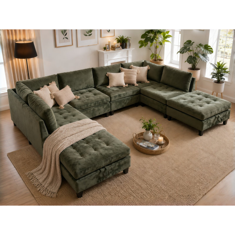 Canapé modulaire en chenille 8 pièces à assise profonde avec repose-pieds de rangement et canapé convertible 8 pièces