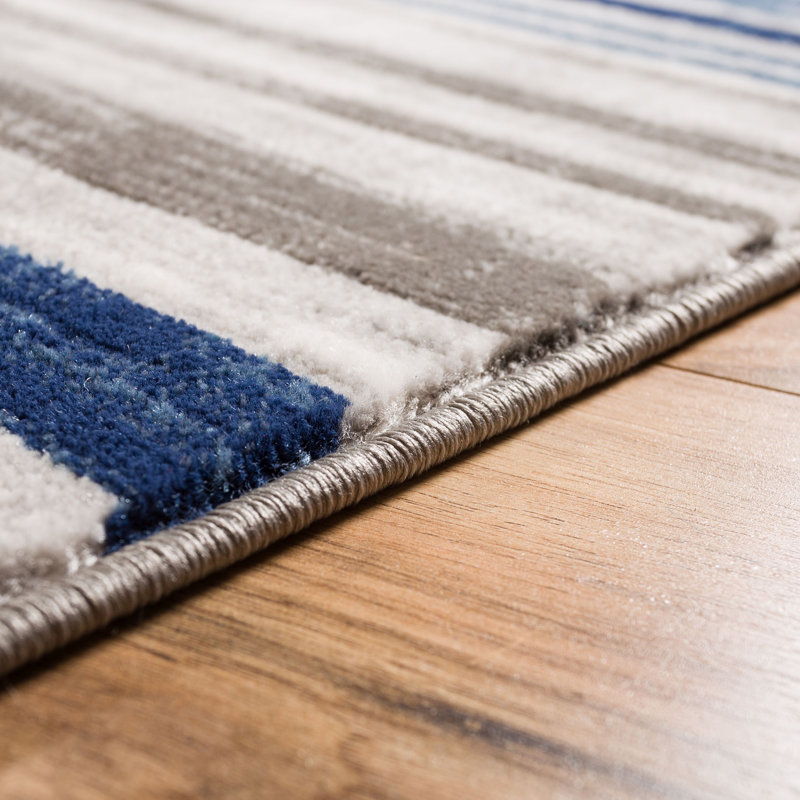 Blue and Beige Striped Synthetic Area Rug, 4' x 5'