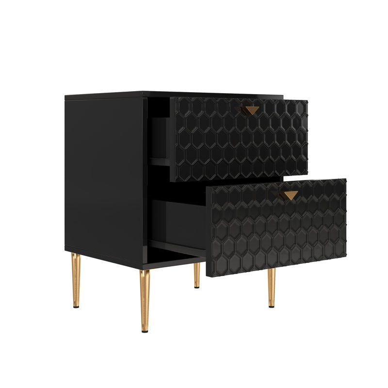 24.4" Tall 2-Drawer High Gloss Nightstand, Black