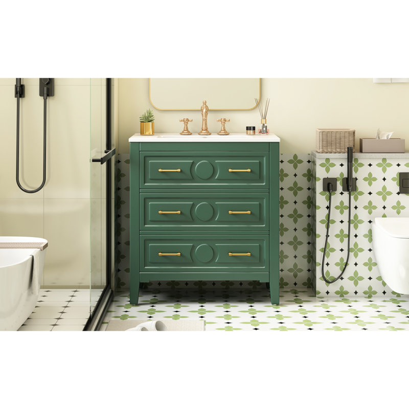 Retro Bathroom Cabinet With Ceramic Sink, Solid Wood, 3 Drawers, Colour Scheme & Style, Green