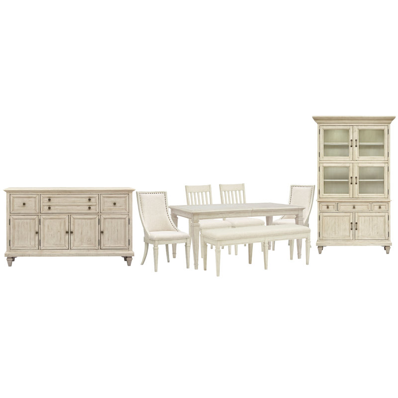 Extendable Rectangular Dining Table With 2 Side Chairs 2 Arm Chairs Bench Buffet And Dining Cabinet