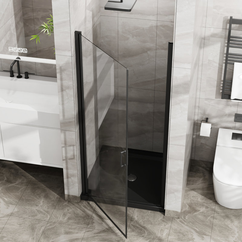 Black 34"x72" Pivot Shower Door, 1/4" Thick Glass, Semi-, Waterproof Seals, Heavy-duty Zinc Alloy Handle, 180° Rotating Pivot, 90° Door Waterproofing Tempered Glass Thick, Function, Flexible