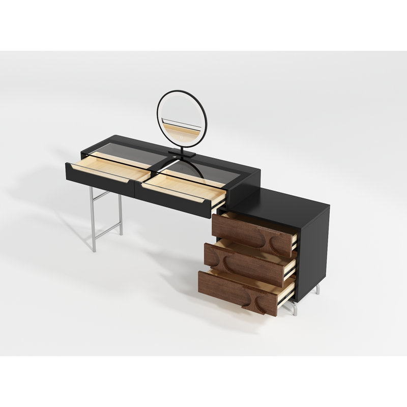 Ensemble de coiffeuse modulaire de style milieu du siècle de 120 cm avec armoire latérale de 60 cm et miroir DEL intelligent, idéal pour la chambre, le pied du lit, un coin ou une niche près d'une fenêtre.