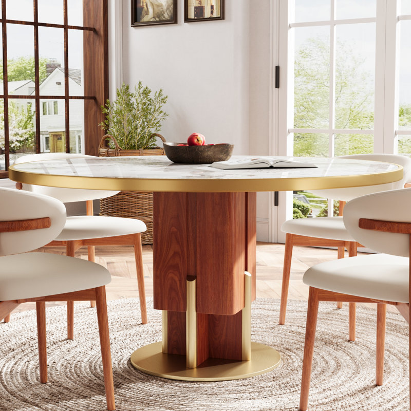  Table de salle à manger 47,24 "en pierre frittée ronde pour 4 à 6 personnes, piédestal en bois massif et support en acier au carbone lourd, pré-assemblé