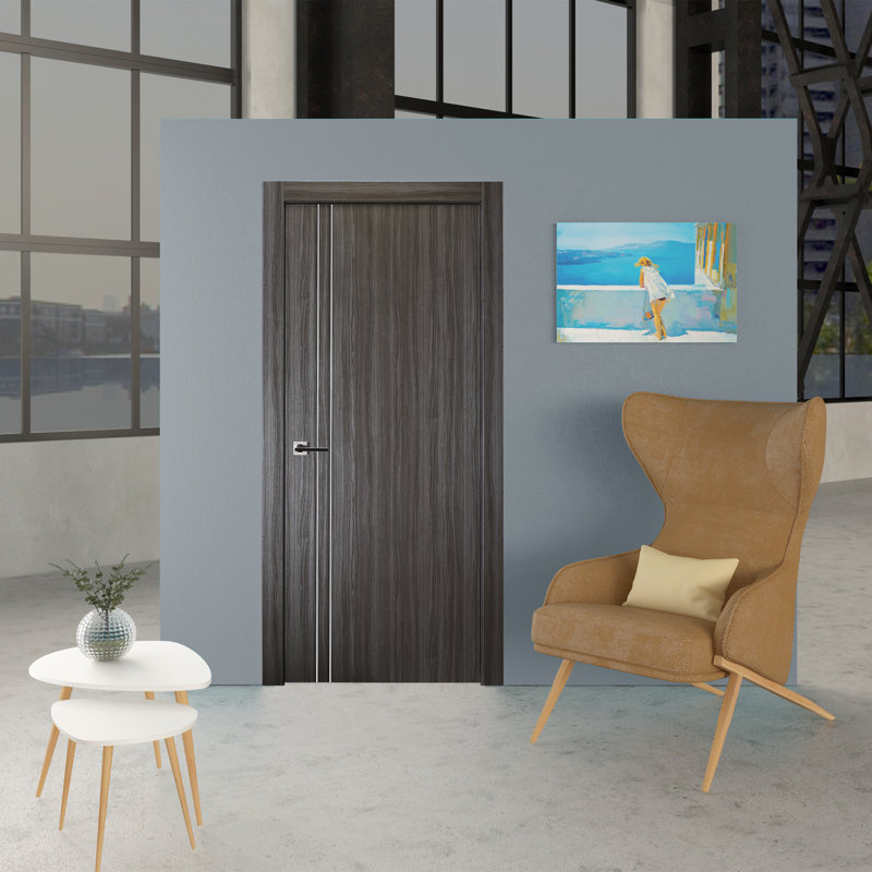 Porte standard affleurante en bois manufacturé Palladio, 32 po x 80 po, Chêne gris, Pour main droite
