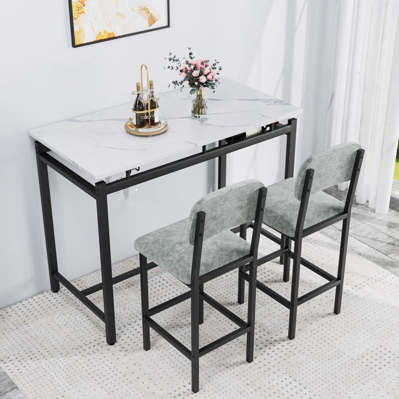 Table de salle à manger moderne pour 2 personnes, ensemble de table de salle à manger avec finitions en marbre et 2 chaises rembourrées