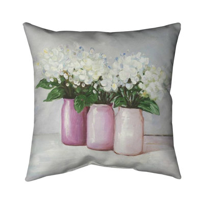 Hydrangea Floral White Pillow | Home Decor Botanical Style – Outdoor Throw Pillow with Insert, Weather-Resistant