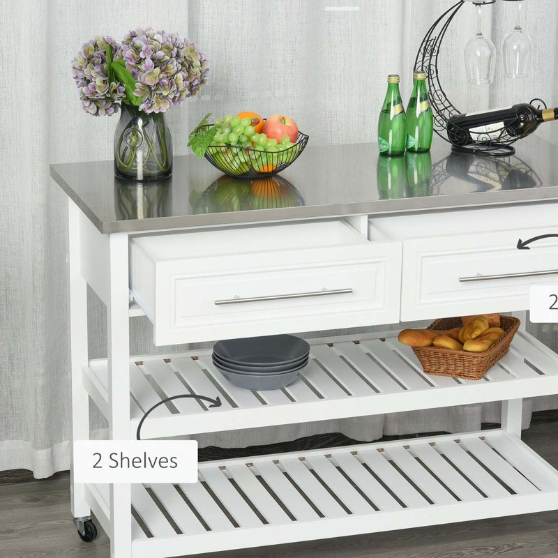 Îlot de cuisine avec plateau en acier inoxydable, tablettes ouvertes et tiroirs, gris