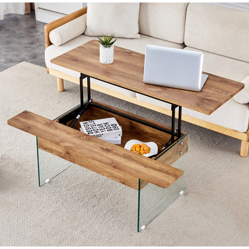 43.3-inch coffee table with height-adjustment function (with storage space) combines rustic style with tempered glass, space-saving design, multiple color options, suitable for living room and office, Natural Wood