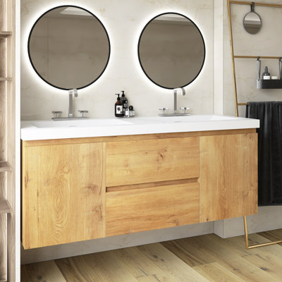 59 Inch Wood Double Sink Bathroom Vanity With SMC Top, MDF Cabinet, Soft Close Doors, Wall-Mounted Modern Storage Vanity For Large Bathrooms
