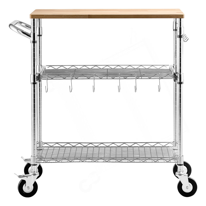 Chariot de cuisine robuste à 3 niveaux avec dessus en bois et barre d'appui