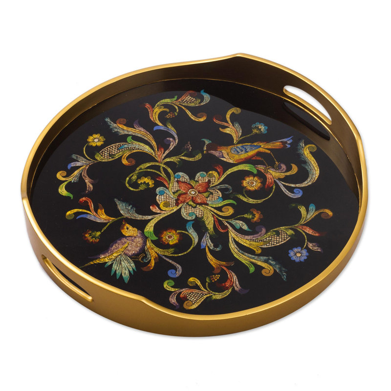 NOVICA Handmade Birds Of Dawn Reverse-Painted Glass Tray, Black