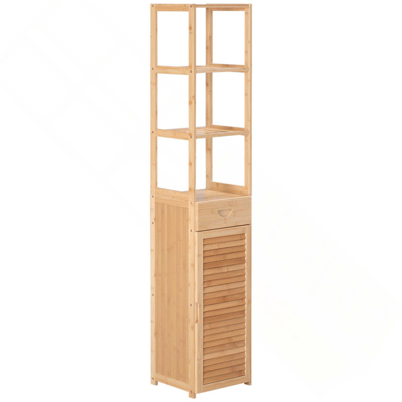 Armoire tour mince en lin de bambou avec tiroir, tablettes à lattes et porte à persiennes