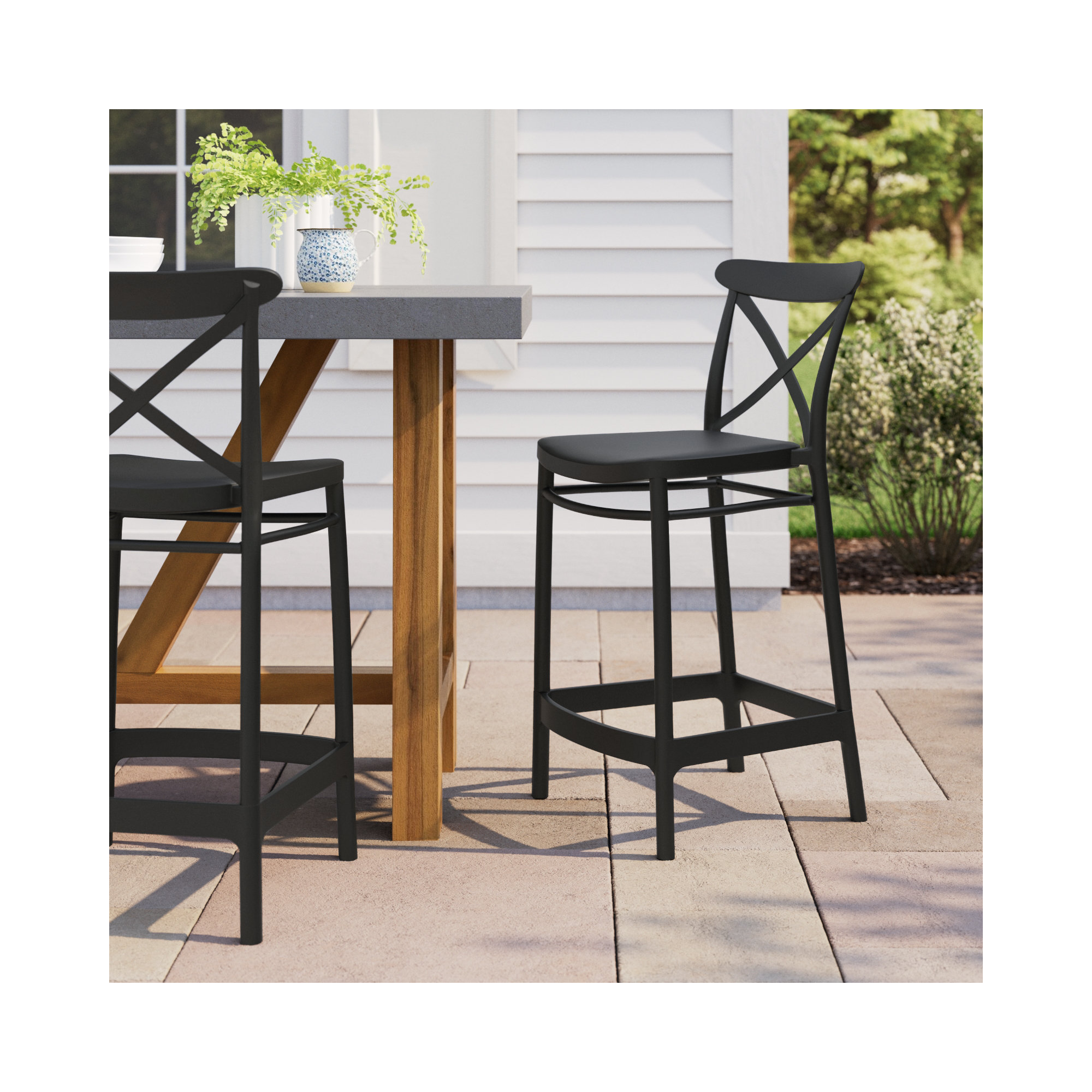 Bijou Outdoor Bar Stool, Black, Counter Stool (25.6" Seat Height)