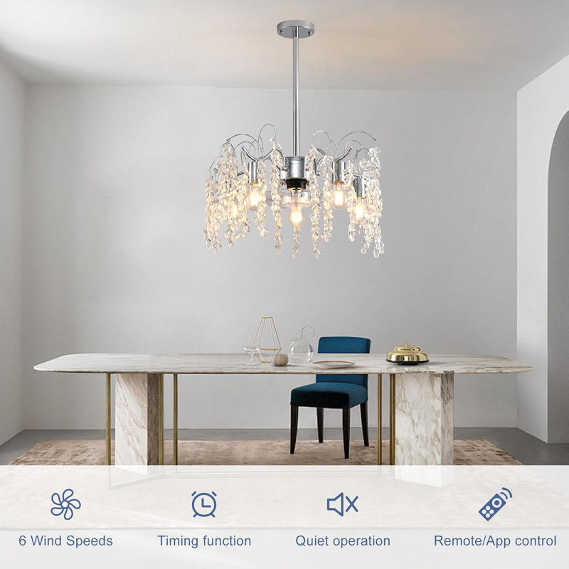20In Ceiling Fans With Lights,Modern Fandelier Ceiling Fan With Light And Remote,Bladeless Crystals Chandelier Ceiling Fan For Bedroom Kitchen Living Room(6 Speed, Timing)-Chrome