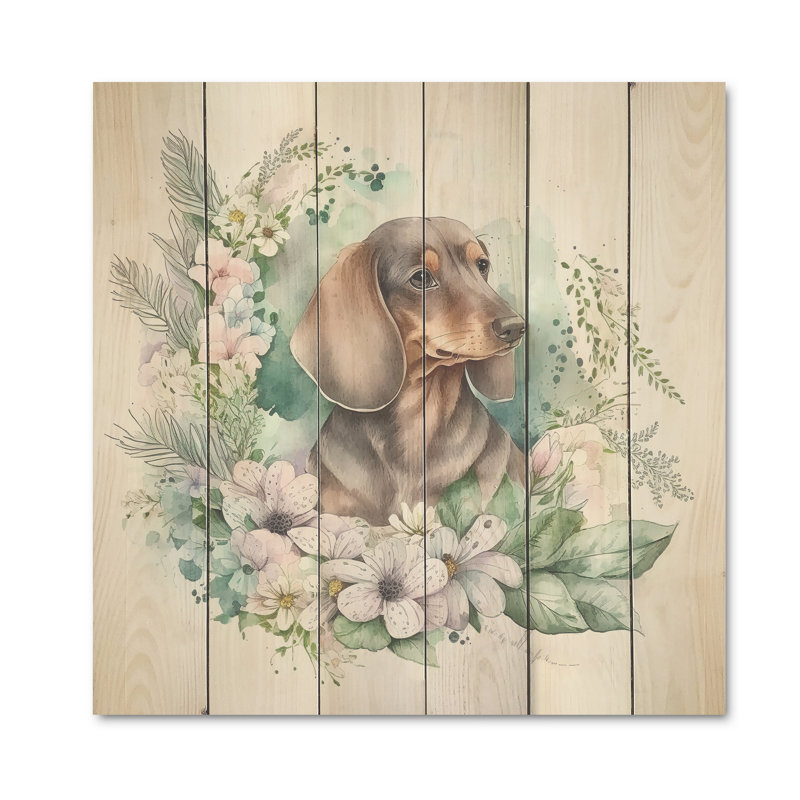 Adorable teckel aquarelle avec fleurs III - impression sur bois, L 16 po x H 16 po x P 1 po