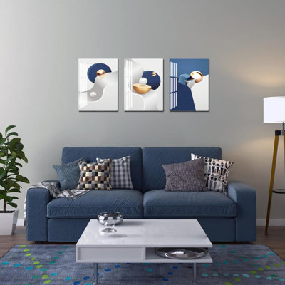 Peinture abstraite abstraite, chambre à coucher, salle de bain, bleu, gris, blanc, art moderne et lumineux (16 po x 24 po x 3 pièces)