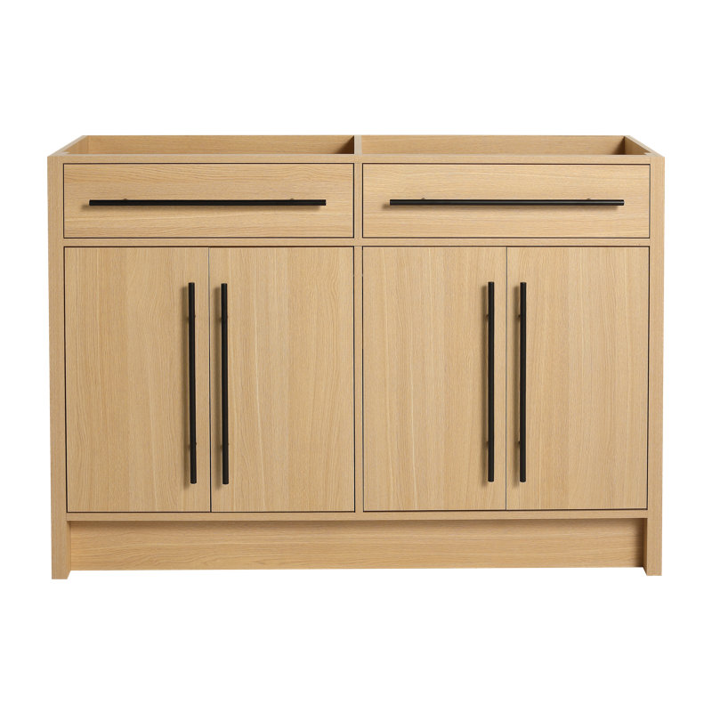 Armoire de meuble-lavabo double 46 7/8 po - Finition chêne clair avec tablettes réglables, portes à fermeture douce et poignées en métal (poignée noire)