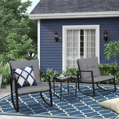 Kinzie Wicker 3 Piece Outdoor Rocking Chairs set, Patio Bistro Set with Cushions and Coffee Table