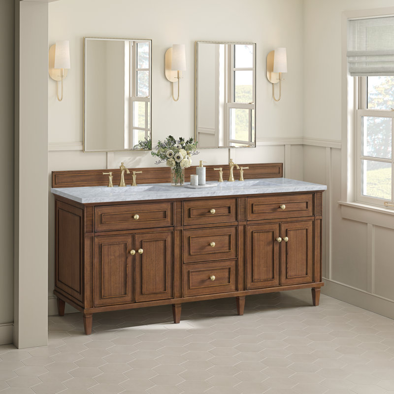 Lorelai 72'' W Double Vanity, Mid-Century Walnut, Carrara White, 8" Widespread