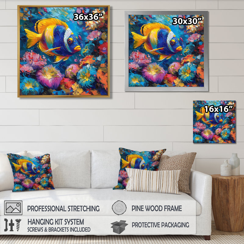 «Blue Yellow Tropical Fish Paradise I - Sea Creatures», reproduction d'art murale, Toile tendue, H 16 po x l 16 po x P 1 po