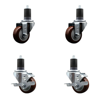 3 Inch Maroon Poly Wheel Swivel 1-5/8 Inch Expanding Stem Caster Set 2 Brakes SCC
