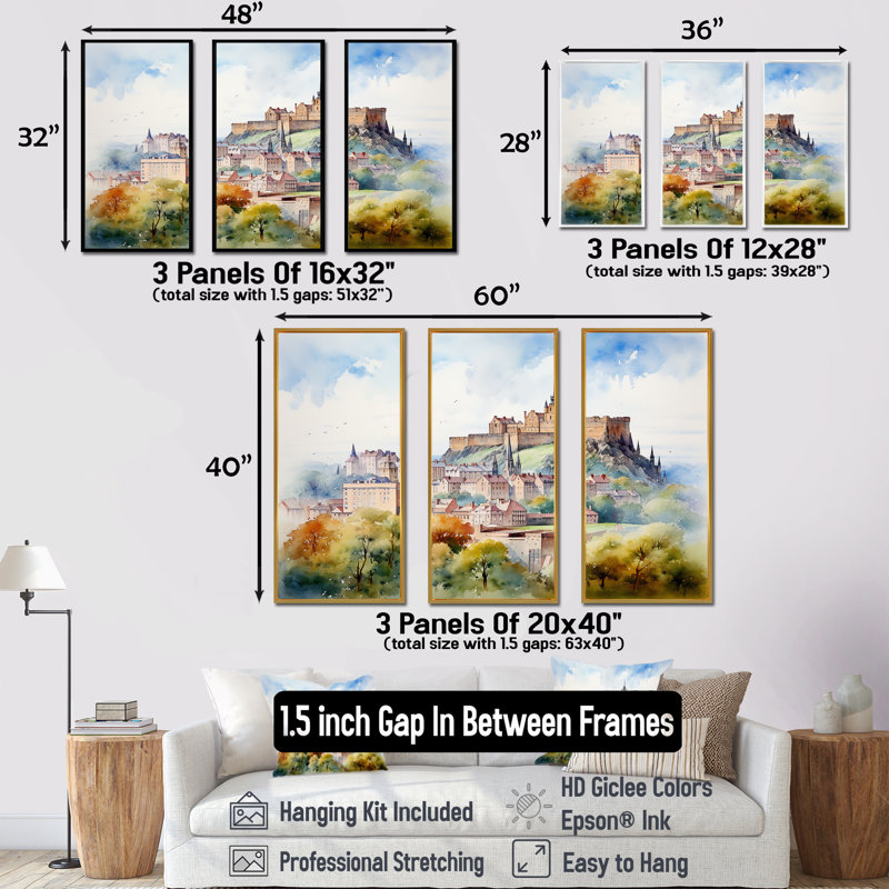 Art mural forteresse médiévale en Angleterre II, H 28 po x l 36 po x P 1 po, Cadre flottant noir