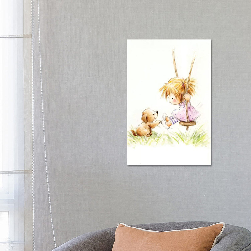 Little Girl On Swing With Dog by MAKIKO - Wrapped Canvas Gallery-Wrapped Canvas Giclée