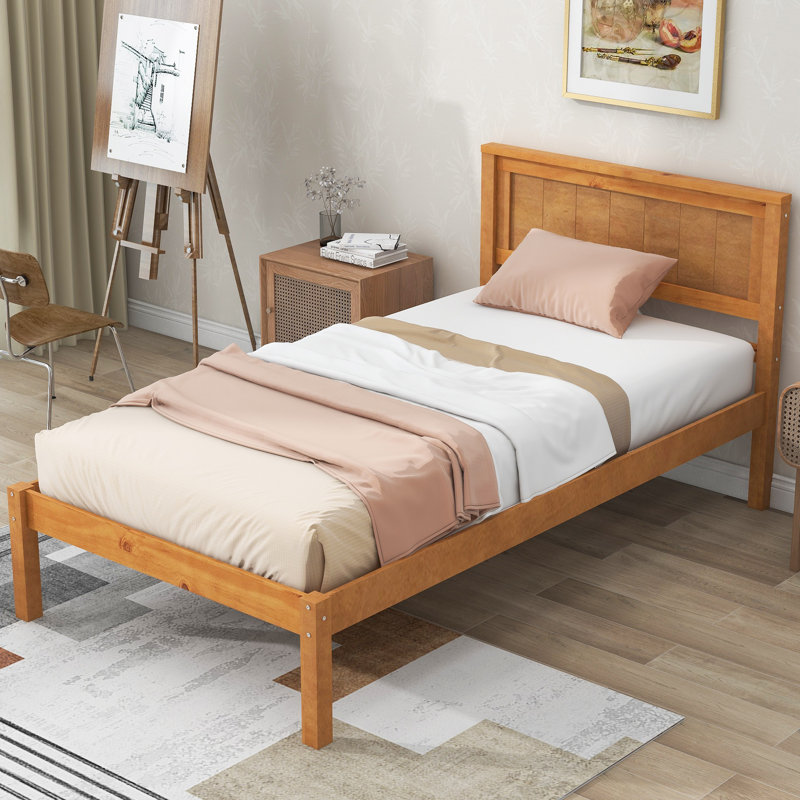 Wood Platform Bed Frame with Headboard, Wooden Slat Support, No Box Spring Needed, Underbed Storage, Solid MDF & Pine, Twin