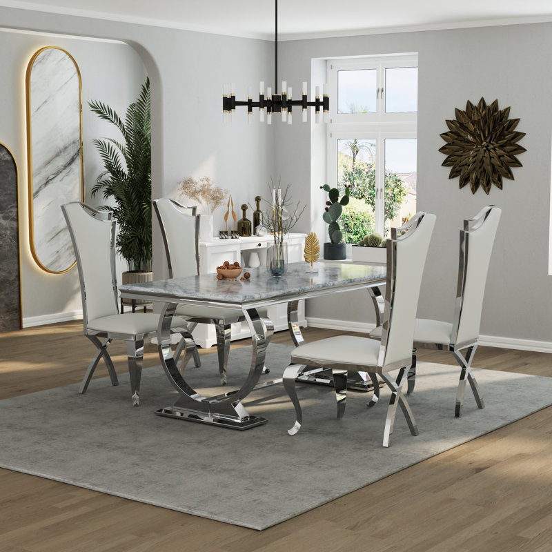 Ensemble de table de salle à manger de luxe blanc et argent avec 4 chaises en cuir blanches