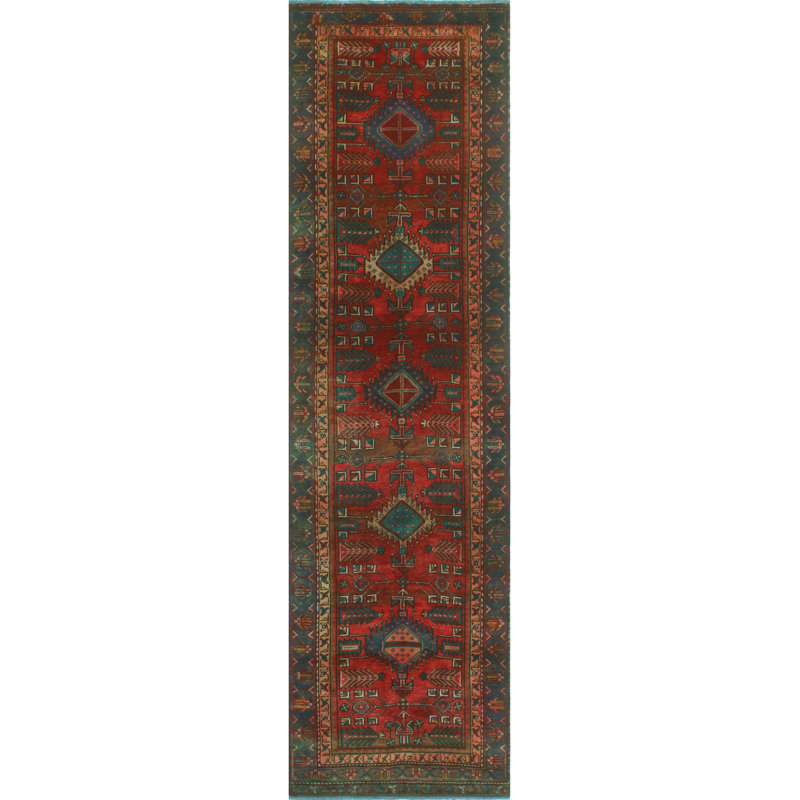 One-of-a-Kind 3'2" x 11'10" 1980s Runner Wool Area Rug in Blue and Red