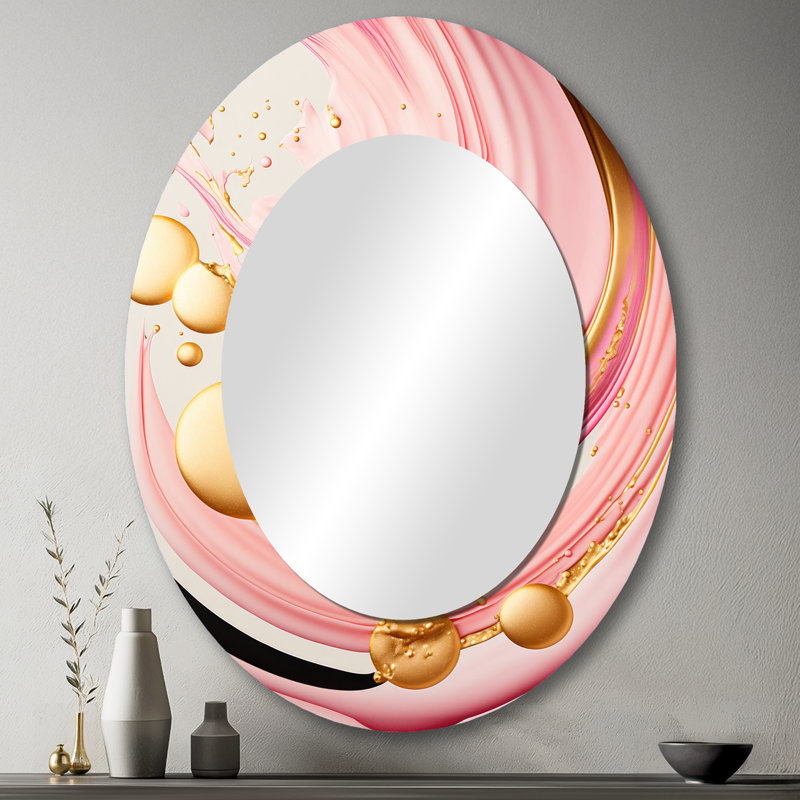 Pink And Gold Abstract Circles II - Pink Modern Oval Wall Mirror, 43" x 33"