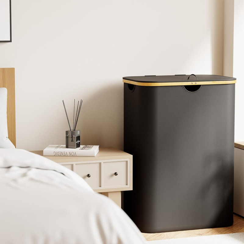 Double Laundry Hamper 2 Section With Lid And Removable Laundry Bags, 160L Clothes Basket With Bamboo Handles, Large Collapsible Hamper For Bedroom, Bathroom, Dorm, Laundry Room - Black