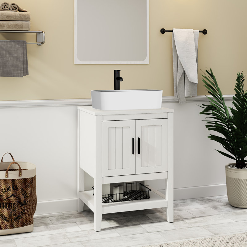 Ensemble de meuble-lavabo simple 24 po avec lavabo vasque, robinet et drain Sharee, assemblage requis, Blanc