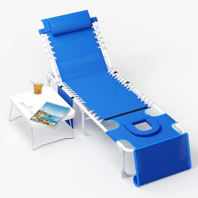 3-in-1 Folding Tanning Lounge Chair with Face Hole, 5-Position Reclining Outdoor Chaise with Side Table & Removable Pillow for Beach, Pool, Patio & Lawn