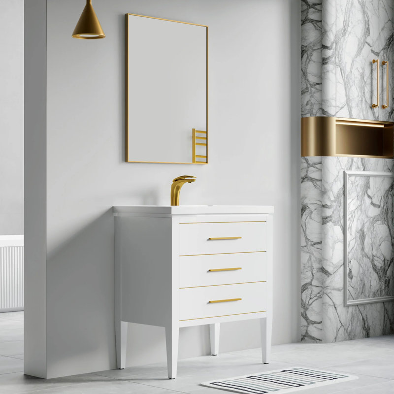 Wonderlin 30'' Single Bathroom Vanity with White Ceramic Top – Soft Close Drawers & Freestanding Design, White/Gold