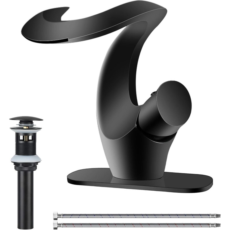 Alien Single-Hole Bathroom Sink Faucet, Waterfall Solid Brass Vanity Faucet with Single Handle, Pop-Up Drain & Deck Plate