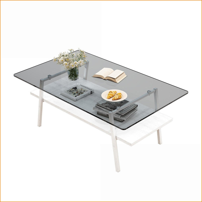 Verre moderne gris Table basse en métal blanc, facile à nettoyer, centre de table stable de 220 lb