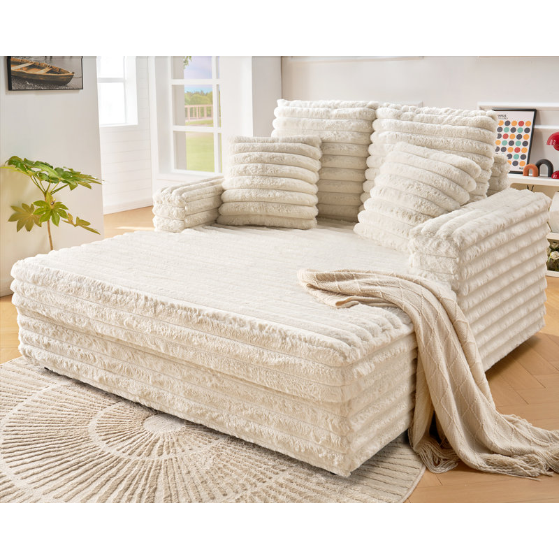 Bahi Faux Fur Upholstered Chaise Lounge with Toss Pillows, White Faux Fur