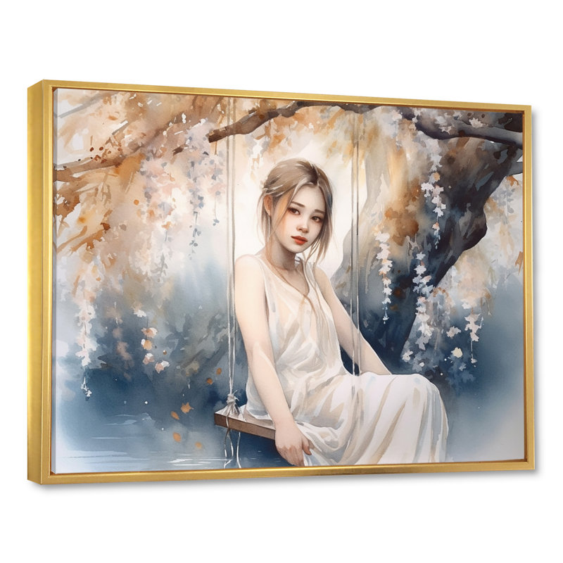 Superbe femme sous un saule II - mode femme, impressions sur toile, H 12 po x l 20 po x P 1 po, Cadre flottant doré