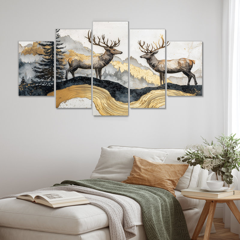 «Golden Deer Landscape Grace in The Forest V» - art mural animal cerf - ensemble d'art mural moderne