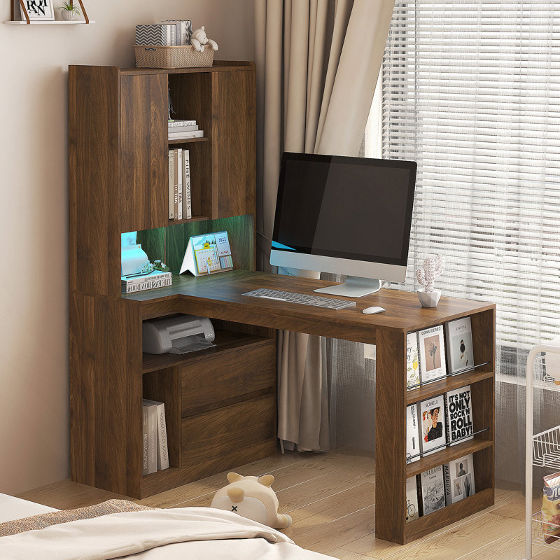 L-Shaped Desk, Computer Desk With Drawers With LED Light, Modern Corner Desk For Home, Office