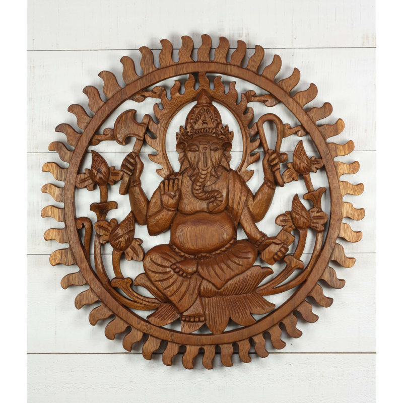 Panneau mural en bois sculpté à la main Ganesha Sunburst - dieu éléphant indien