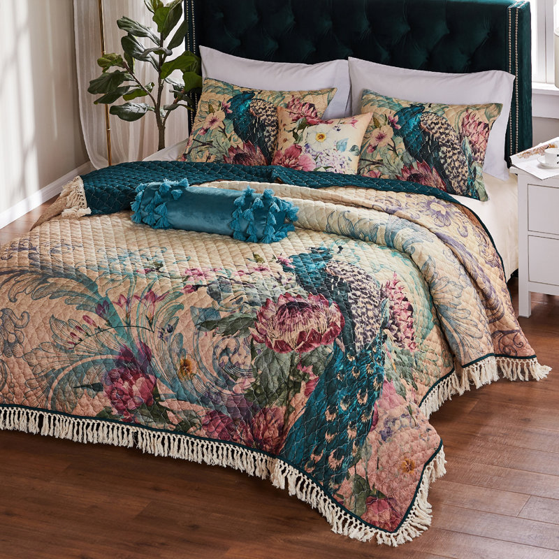 Eden Peacock King Microfiber Reversible Quilt Set in Black